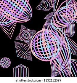Falling geometric figures. Concept background with color striped figures for print or banner. Background with falling colorful geometric figures for your design. Vector texture.
