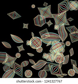 Falling geometric figures. Concept background with color striped figures for print or banner. Background with falling colorful geometric figures for your design. Vector texture.