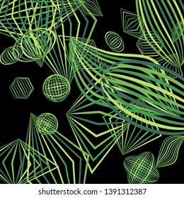Falling geometric figures. Concept background with color striped figures for print or banner. Background with falling colorful geometric figures for your design. Vector texture.