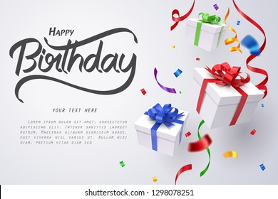 Falling gift box and Happy birthday calligraphy, Happy birthday celebrate, vector art and illustration.