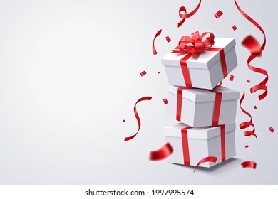 Falling gift box stack on white, Valentine's day and anniversary celebrate, vector art and illustration