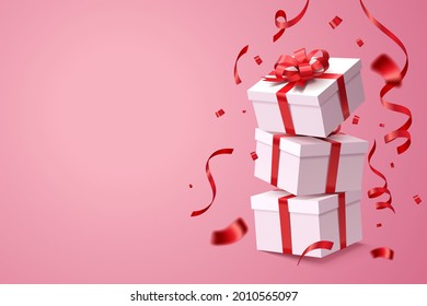 Falling gift box stack on pink, Valentine's day and anniversary celebrate, vector art and illustration