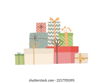 Falling gift box in wrapping paper with ribbon isolated on white background. Merry Christmas and Happy New Year design. Flat vector illustration. Pile presents for holiday.