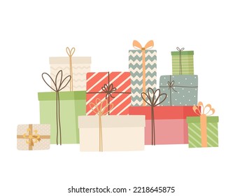 Falling gift box in wrapping paper with ribbon isolated on white background. Merry Christmas and Happy New Year design. Flat vector illustration. Pil presents for holiday, birthday. 