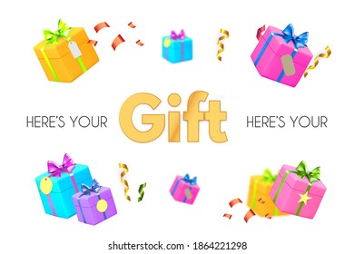 Falling gift boxes. 3D gifts for special offer, surprise, win, birthday, wedding and baby shower. Colorful desing isolated on white.