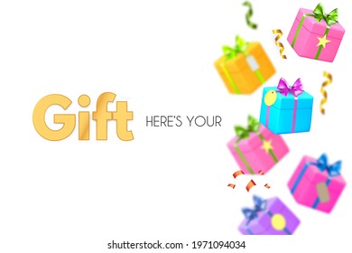 Falling gift boxes. 3D gifts for special offer, surprise, win, birthday, wedding and baby shower. Colorful desing isolated on white.