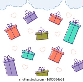 Falling gifts with bows and hearts. Falling down surprise box for happy event. Hand drawn gift box for card. vector giftbox with ribbon on isolated background. Design illustration on happy birthday