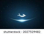 Falling girl. Lonely woman fly in dream. Glowing outline in space