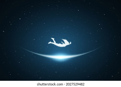 Falling girl. Lonely woman fly in dream. Glowing outline in space