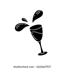 Falling Glass With Drink And Flying Splashes. Cutout Flat Image, Silhouette Vector Clip Art. Black Illustration Of Wine, Alcoholic Drinks Or Cocktails. Set Of Isolated Icons On White Background