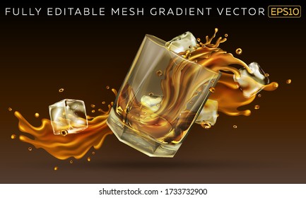 Falling glass with a splash of whiskey and ice cubes.