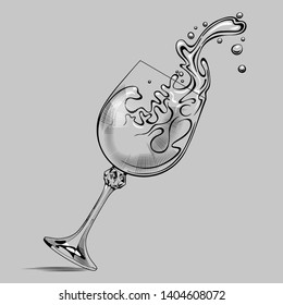 Falling glass with splashed white wine. Vintage engraving stylized drawing. Vector illustration