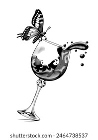 A falling glass of wine with a butterfly sitting on the edge of the glass. Black and white vintage engraving, stylized drawing. Vector illustration