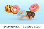 Falling glazed donuts with sprinkles. 3d realistic vector background