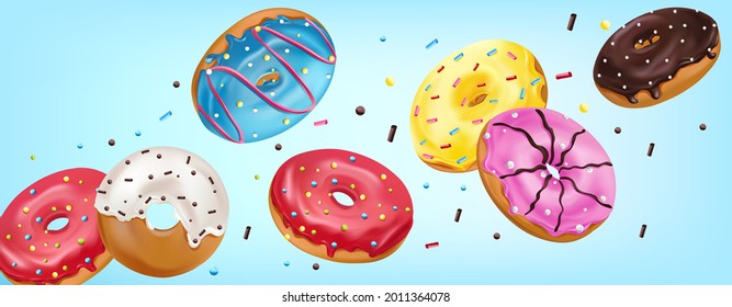 Fallende glasierte süße Kanonen auf blauem Hintergrund. Realistische Farbige Donuts mit rosa, schokolade, blau, gelb und weiß vereist mit Sprinkle. Vektorgrafik.