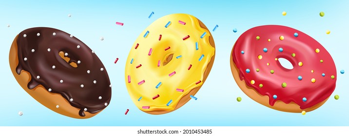 Falling glazed sweet donuts on blue background. Realistic Colorful donuts with pink, chocolate, yellow icing with sprinkle. Vector illustration.