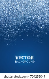 Falling glitter confetti, snow. Vector dust, explosion on blue background. Sparkling glitter border, frame. Great for wedding invitations, party posters, Christmas and birthday cards.