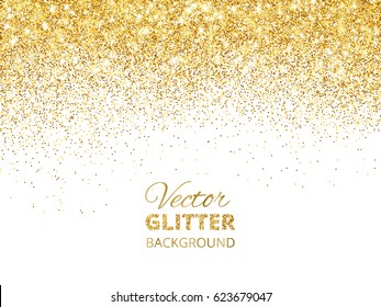 Falling glitter confetti. Vector golden dust isolated on white. Festive background with sparkling glitter border, frame. Great for wedding invitations, party posters, christmas and birthday cards.