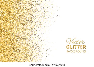 Falling glitter confetti. Vector golden dust isolated on white. Festive background with sparkling glitter border, frame. Great for wedding invitations, party posters, christmas and birthday cards.