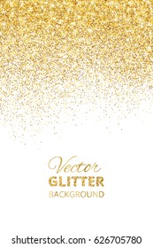 Falling glitter confetti. Vector golden dust isolated on white. Festive background with sparkling glitter border, frame. Great for wedding invitations, party posters, christmas and birthday cards.