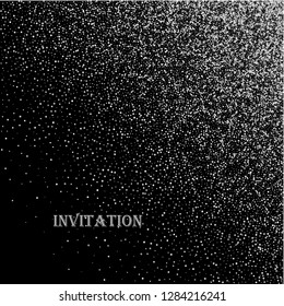 The falling glitter of confetti. Vector silver dust isolated on black background. Sparkling glitter border, festive frame. Great for wedding invitations, posters, Christmas cards and greeting cards.