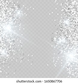 Falling glitter confetti. Vector silver dust isolated on transparent background. Sparkling glitter border, festive frame. Great for wedding invitations, party posters, Christmas and birthday cards.