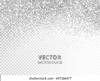 Falling glitter confetti. Vector silver dust isolated on transparent background. Sparkling glitter border, festive frame. Great for wedding invitations, party posters, Christmas and birthday cards.
