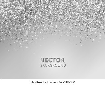 Falling glitter confetti. Vector silver dust, explosion on grey background. Sparkling glitter border, festive frame. Great for wedding invitations, party posters, Christmas and birthday cards.
