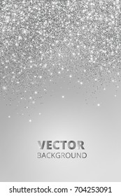 Falling glitter confetti. Vector silver dust, explosion on grey background. Sparkling glitter border, festive frame. Great for wedding invitations, party posters, Christmas and birthday cards.