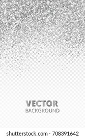 Falling glitter confetti. Vector silver dust isolated on transparent background. Sparkling glitter border, festive frame. Great for wedding invitations, party posters, Christmas and birthday cards.