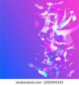 Falling Glitter. Holographic Texture. Violet Laser Confetti. Disco Colorful Illustration. Flying Art. Iridescent Tinsel. Holiday Foil. Shiny Burst. Blue Falling Glitter