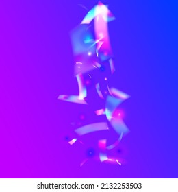 Falling Glitter. Iridescent Background. Retro Prismatic Template. Purple Laser Sparkles. Hologram Tinsel. Metal Prism. Digital Art. Festive Foil. Violet Falling Glitter