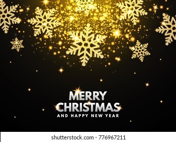 El copo de nieve que cae y la estrella dorada que brilla en un fondo oscuro. Feliz Navidad y feliz tarjeta de felicitación de Año Nuevo. Vector de ilustración 