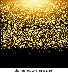 Falling glow gold particles on black background. Luxury design. Holiday, nightclub, party card. Vector illustration