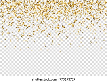 Falling glowing golden confetti. Gold shiny festive tinsel  isolated on transparent background.  Decoration for carnival, fiesta, birthday party, Christmas, New Year celebration. Vector  background.