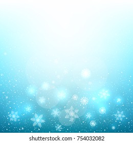 Falling glowing magic snowflakes on beautiful Christmas background. Snow falls from the winter cloudy sky. Vector Illustration.