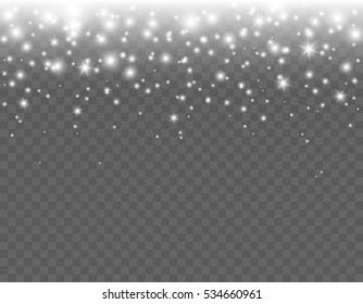 Falling glowing snow with stars on a transparent background. Abstract light effect for your Christmas, New Year or winter design. Vector illustration