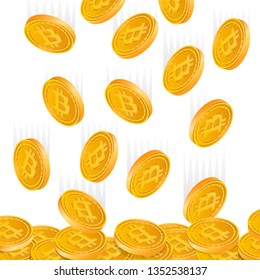 Falling gold bitcoins cartoon frame. A rain of the flying gold of bitcoins in the form of a frame in a cartoon style. Falling gold pieces in the form of vector illustrations