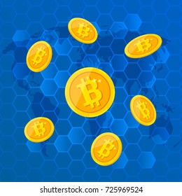 falling gold bitcoins on a modern techno background. the concept of modern earnings and savings. flat vector illustration