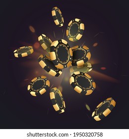 Falling gold, black poker chips, tokens on black hite background with golden light, rays, glare, sparkles. Vector illustration for casino, game design, advertising.