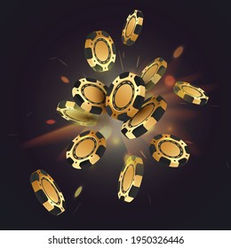 Falling gold, black poker chips, tokens on black hite background with golden light, rays, glare, sparkles. Vector illustration for casino, game design, advertising.