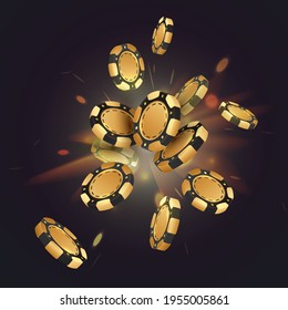 Falling gold, black poker chips, tokens on black background with golden light, rays, glare, sparkles. Vector illustration for casino, game design, advertising.