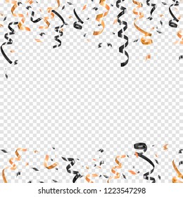 Falling gold and black serpentine on transparent background. Shine ribbon and confetti, glitter, stars. Holiday design.