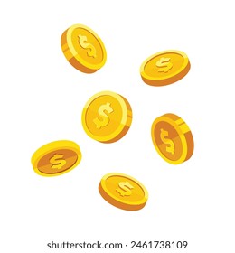 Falling gold coin with dollar sign vector illustration isolated on white background. Business and finance concept design element.