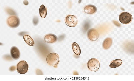Falling gold coins with blur effect on transparent background