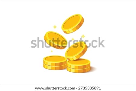Falling gold coins with coin stack and sparkle highlights in modern flat cartoon style. Vector illustration symbolizing money reward, jackpot win, financial success, investment growth, savings, and virtual currency. Ideal for mobile game assets, reward systems, UIม UX design, fintech applications, promotional banners, and business infographic elements. Isolated on white background for easy customization.