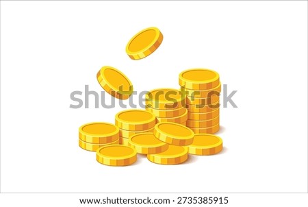Falling gold coins with coin stack and sparkle highlights in modern flat cartoon style. Vector illustration symbolizing money reward, jackpot win, financial success, investment growth, savings, and virtual currency. Ideal for mobile game assets, reward systems, UIม UX design, fintech applications, promotional banners, and business infographic elements. Isolated on white background for easy customization.