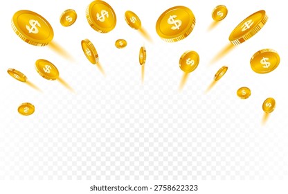 Falling gold coins dollar rain background. Gold coins fall from the sky. Coins burst and explode wealth, jackpot, treasure, and finance concept