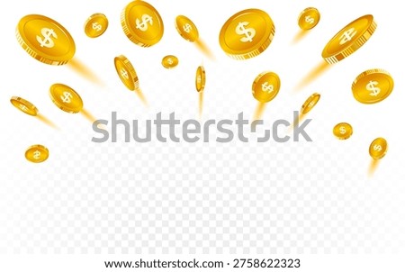 Falling gold coins dollar rain background. Gold coins fall from the sky. Coins burst and explode wealth, jackpot, treasure, and finance concept