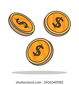 Caída De Monedas De Oro Con Signo De Dólar. Ilustración de vector plano de dibujos animados.